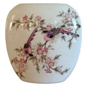 Vintage Yamaji 6” Pillow Vase 2 Birds & Cherry Blossoms Gold Trimmed Rim Japan